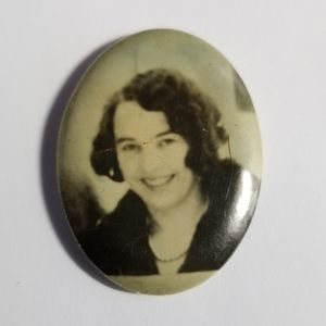Vintage photo brooch pin lovely lady photograph smiling